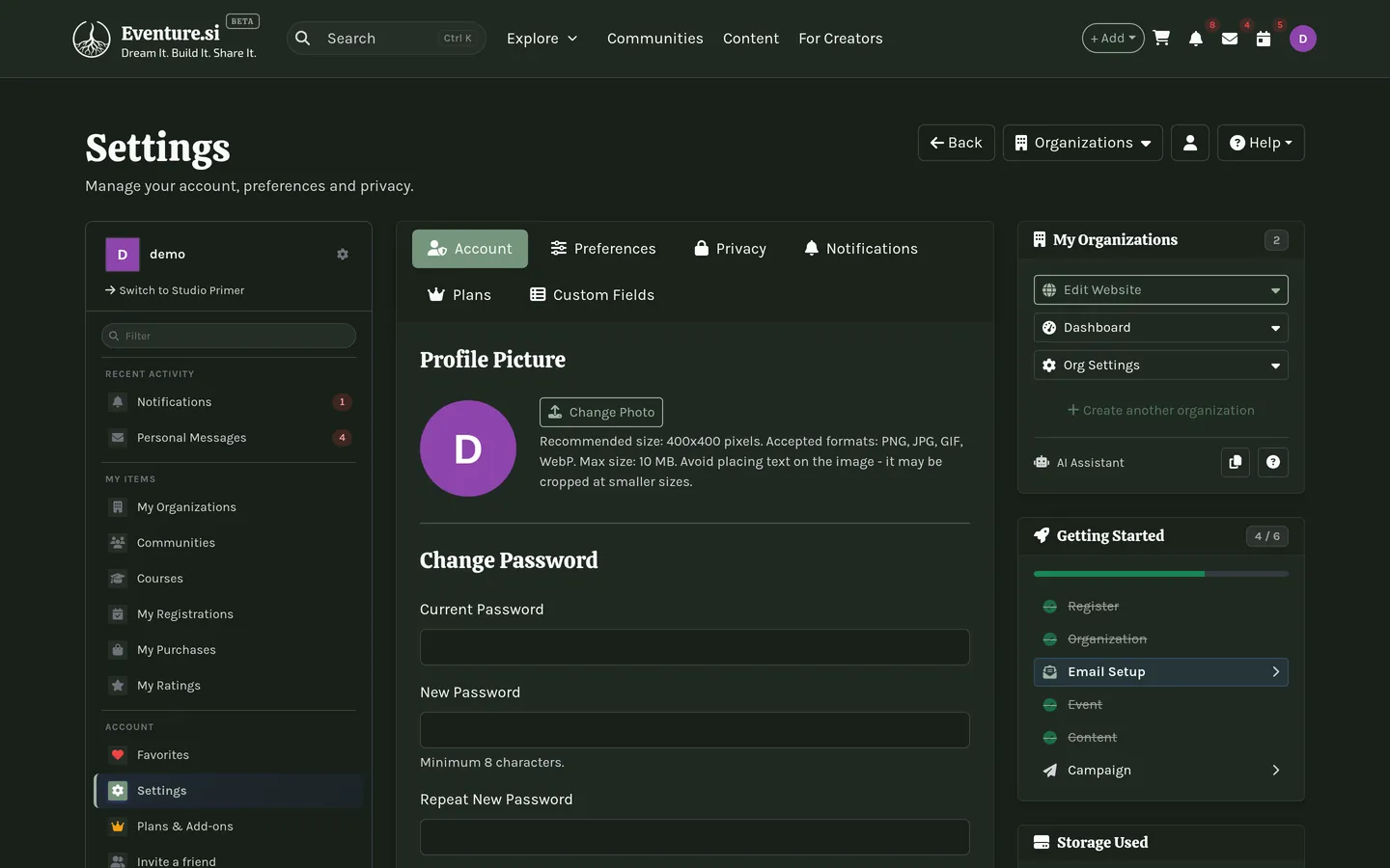 The Settings page: the Account, Preferences and Privacy tabs, plus the ones your role adds.