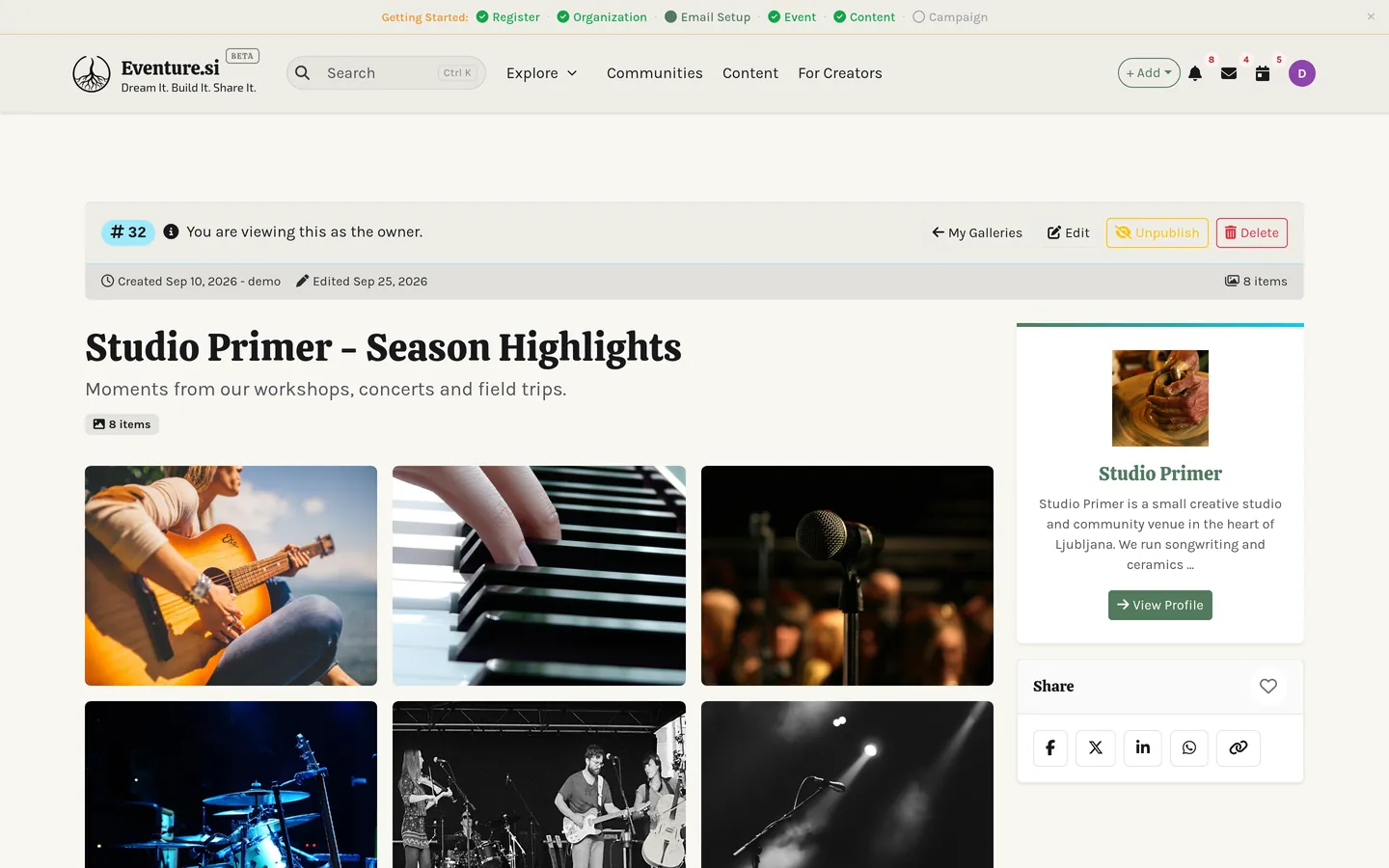 A gallery in grid layout with an album open.