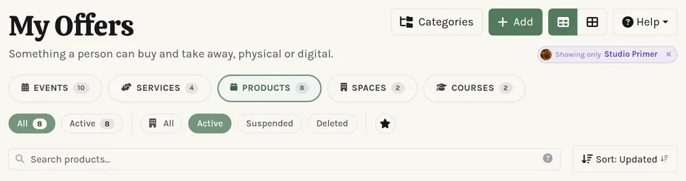 A page header close up: title, actions, the Help button, and filter tabs.