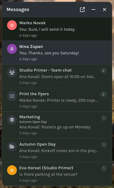 The messages list: each round icon shows the kind of conversation, the number counts unread messages.