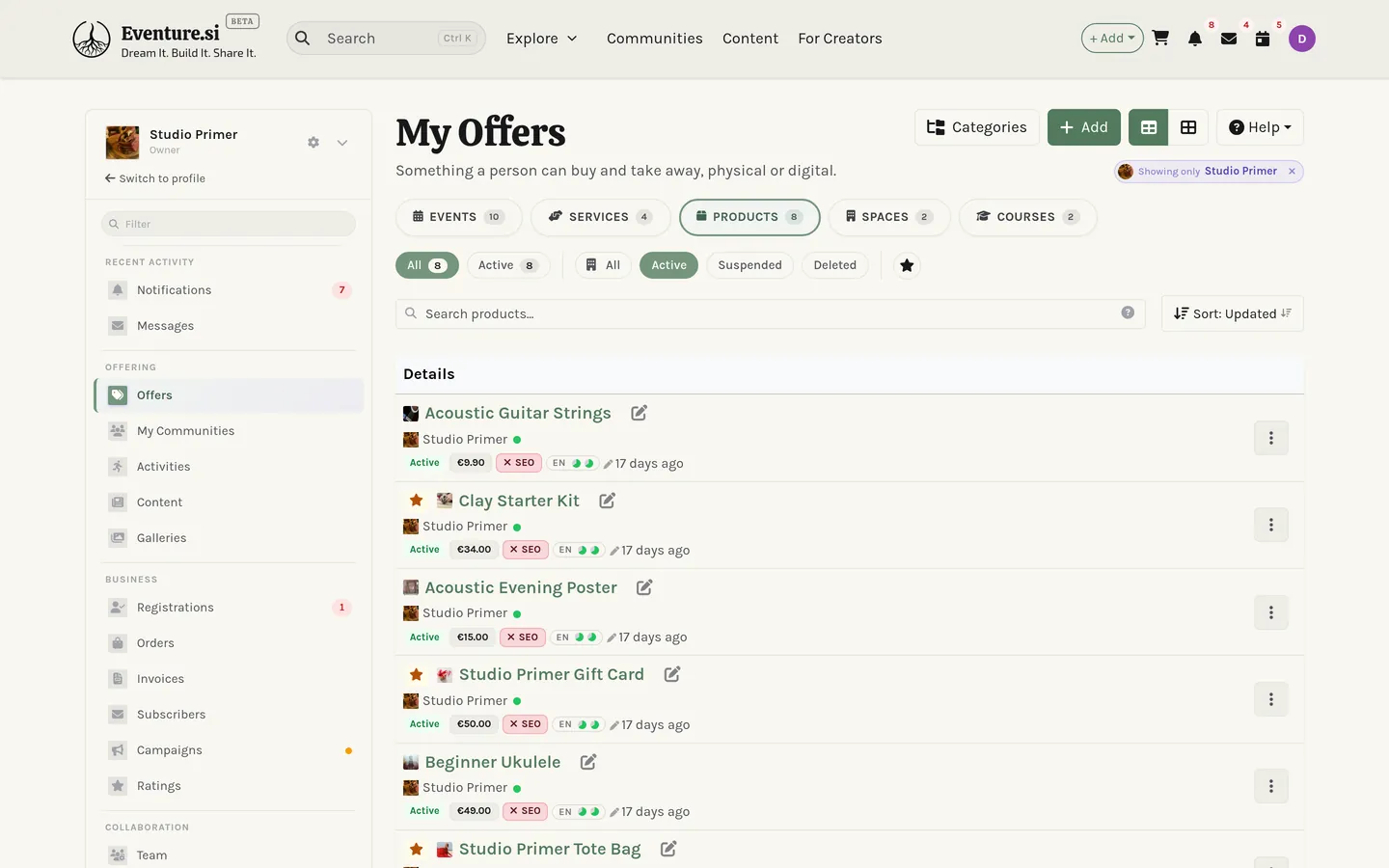 The My Offers hub: the Events, Services, Products, Spaces, and Courses tabs.
