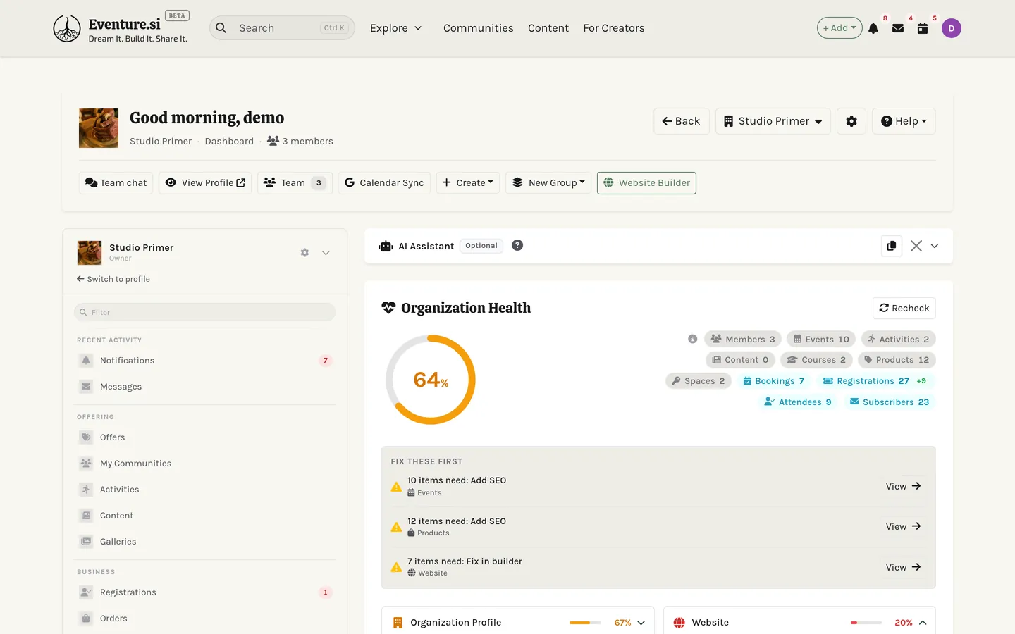 The organization dashboard: health check, charts, Upcoming Events, and Quick Actions.