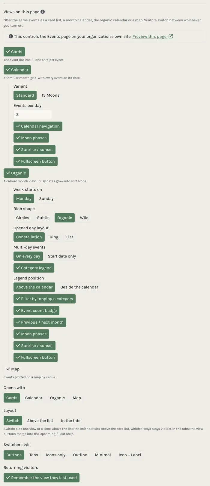 The Page presentation card on an Events menu row, with the view switcher open.